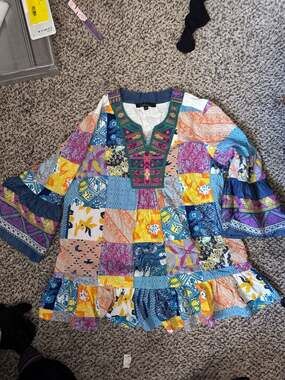 Calessa Embroidered Multi-Print Patchwork V-Neck 3/4 Bell Sleeve Tunic